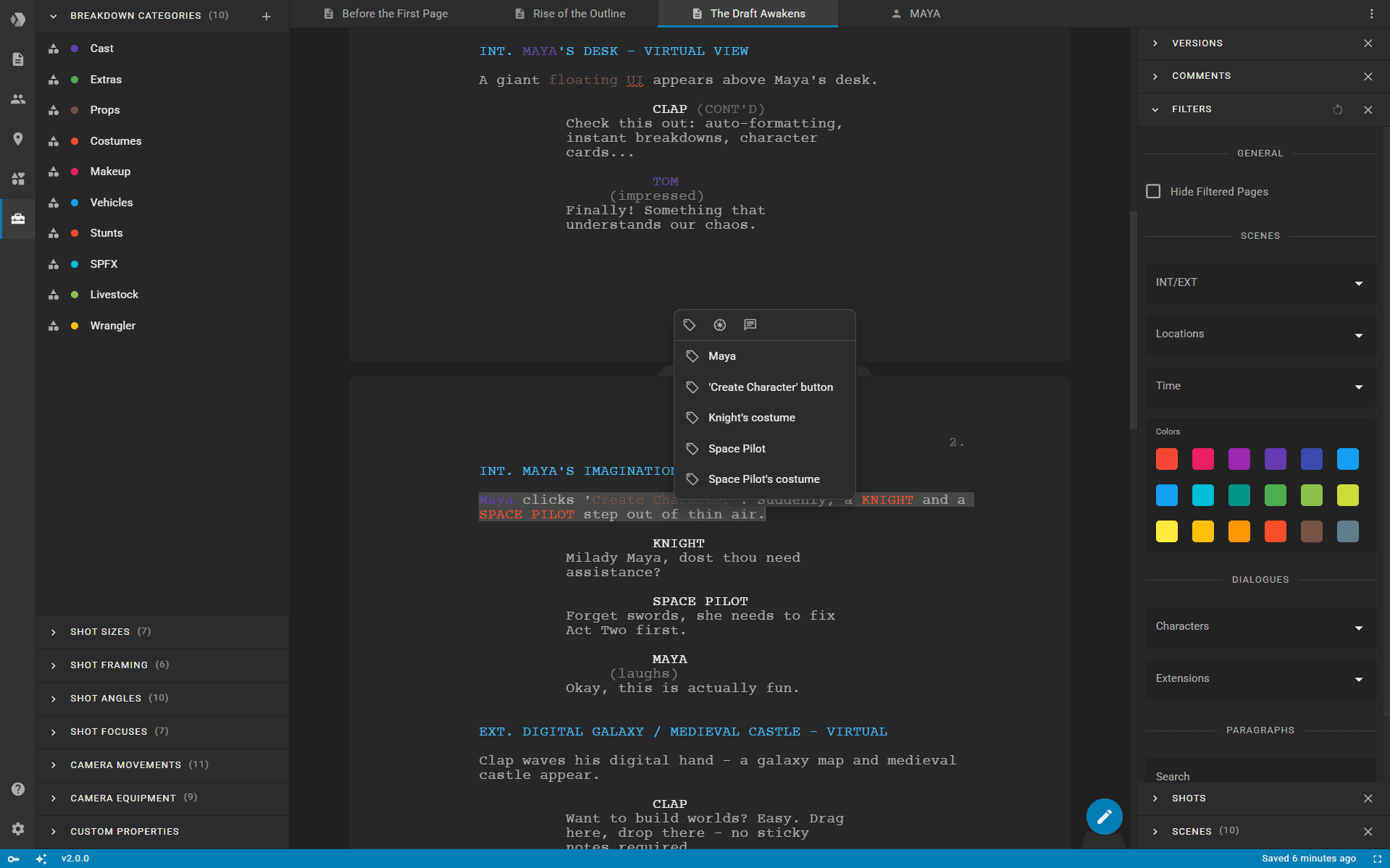 Screenshot of script breakdown and content filtering in Clapperbie