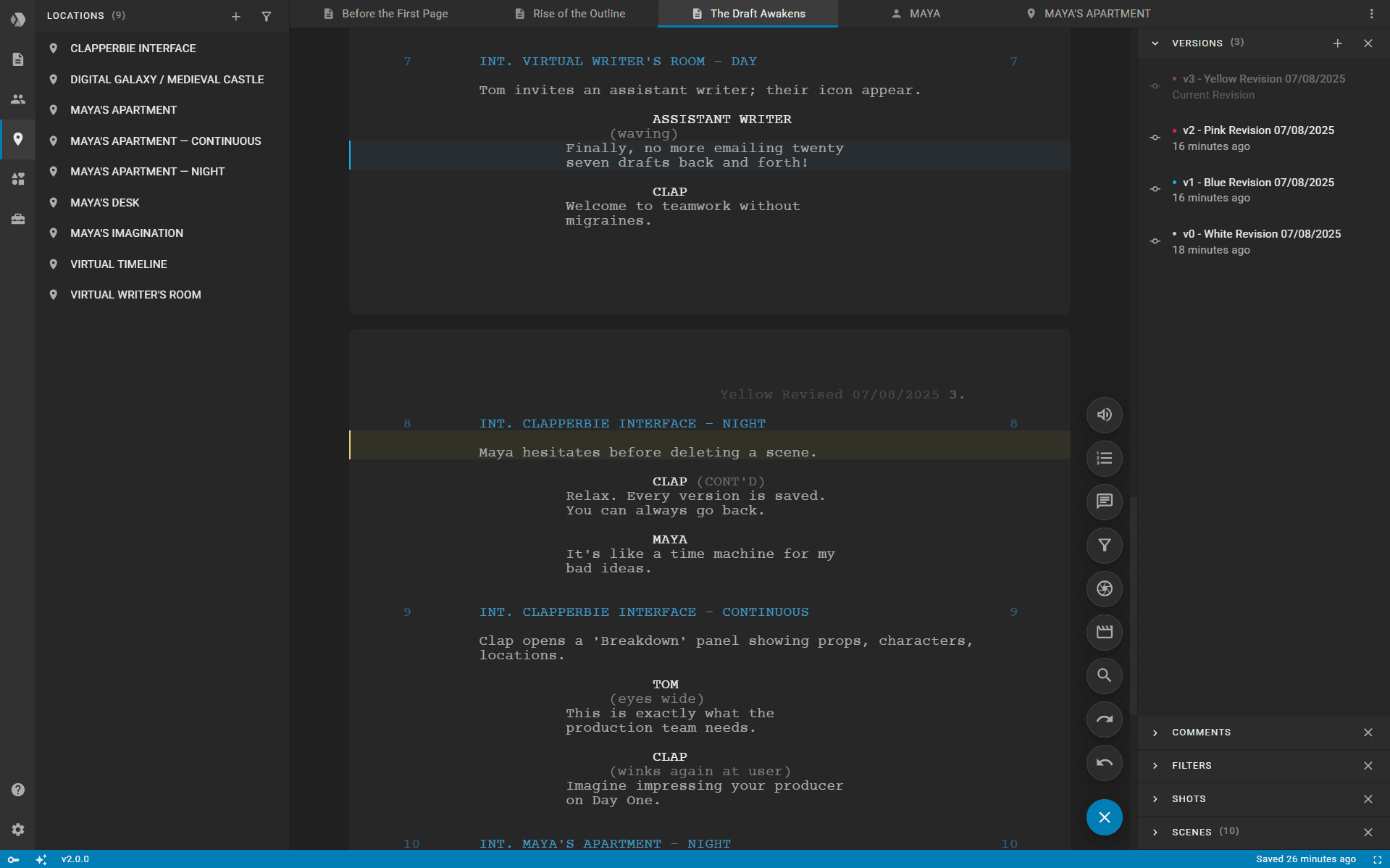 Screenshot of script versioning interface in Clapperbie