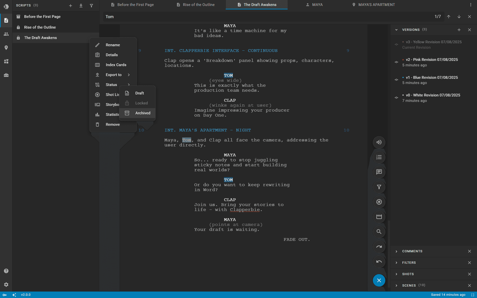 Screenshot of script search feature in Clapperbie