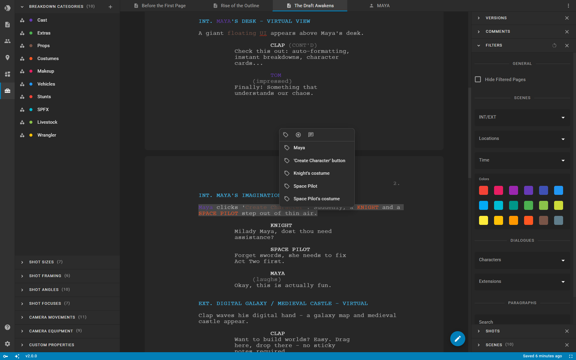 Screenshot of script breakdown and content filtering in Clapperbie