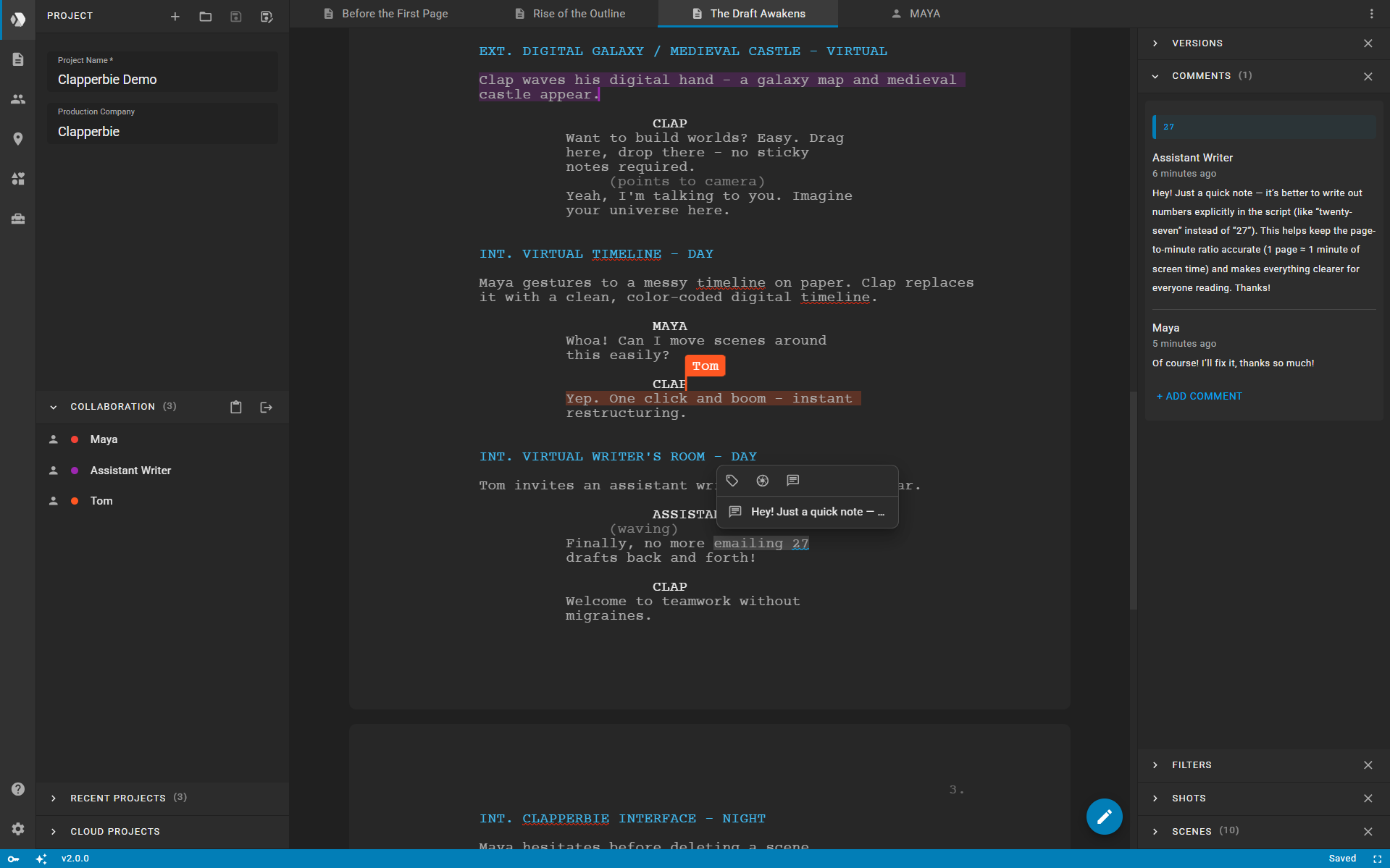 Screenshot of collaboration and comments feature in Clapperbie