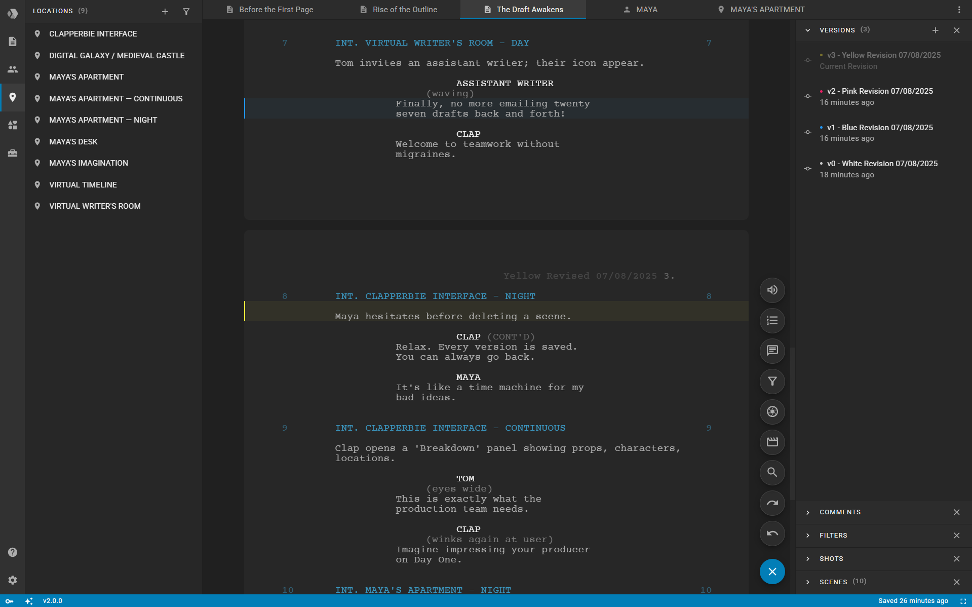 Screenshot of script versioning interface in Clapperbie