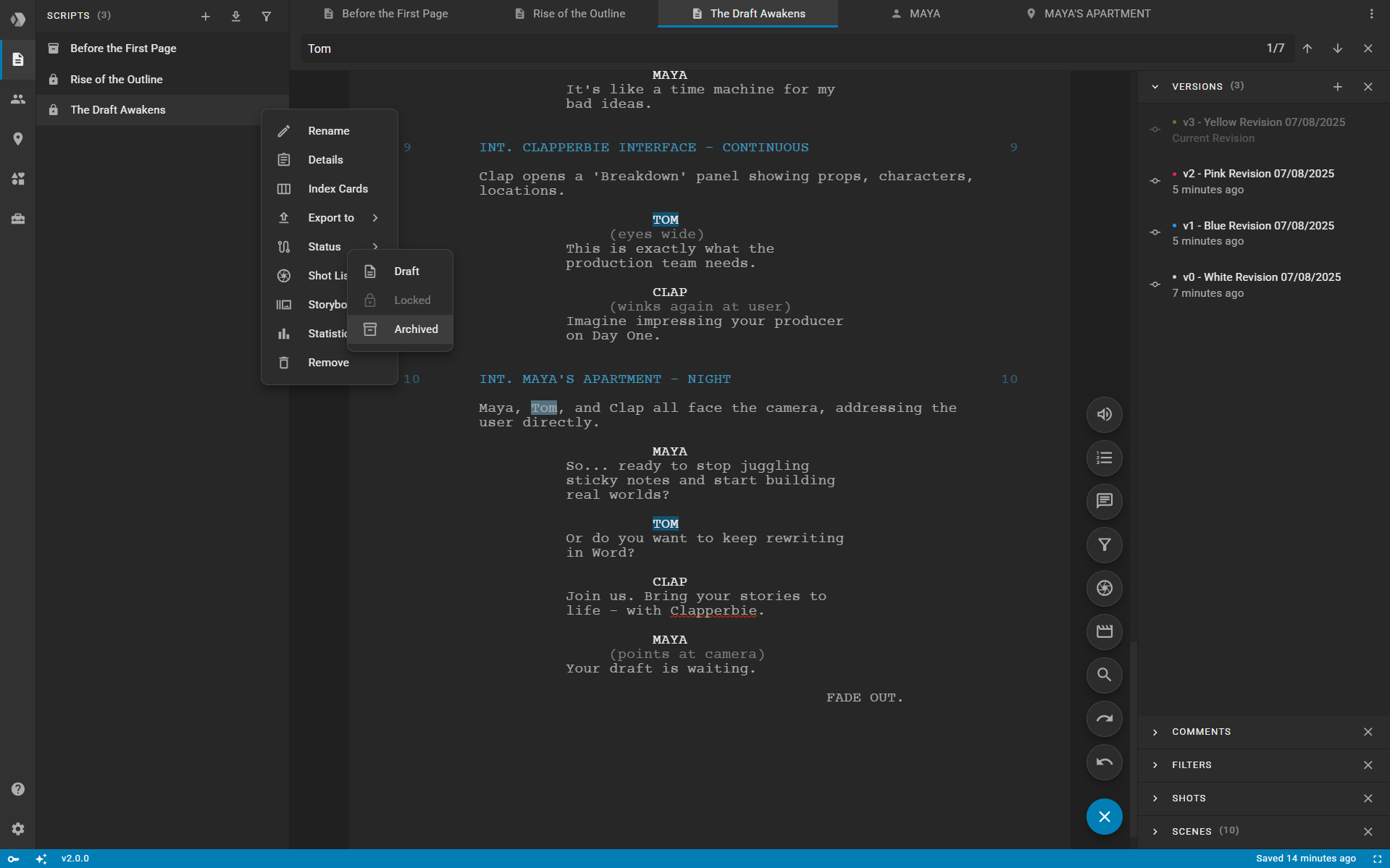 Screenshot of script search feature in Clapperbie