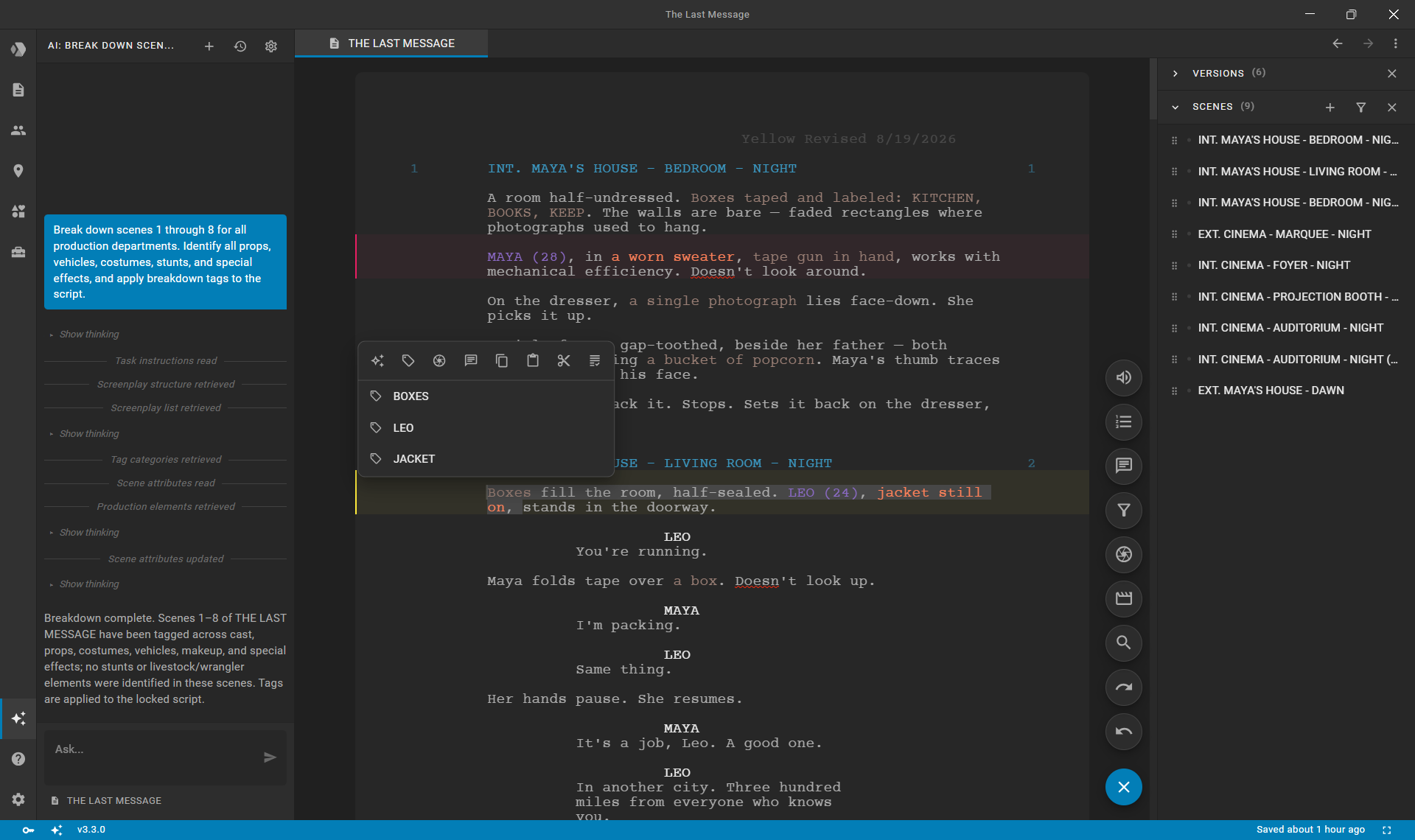 AI Assistant performing automated script breakdown