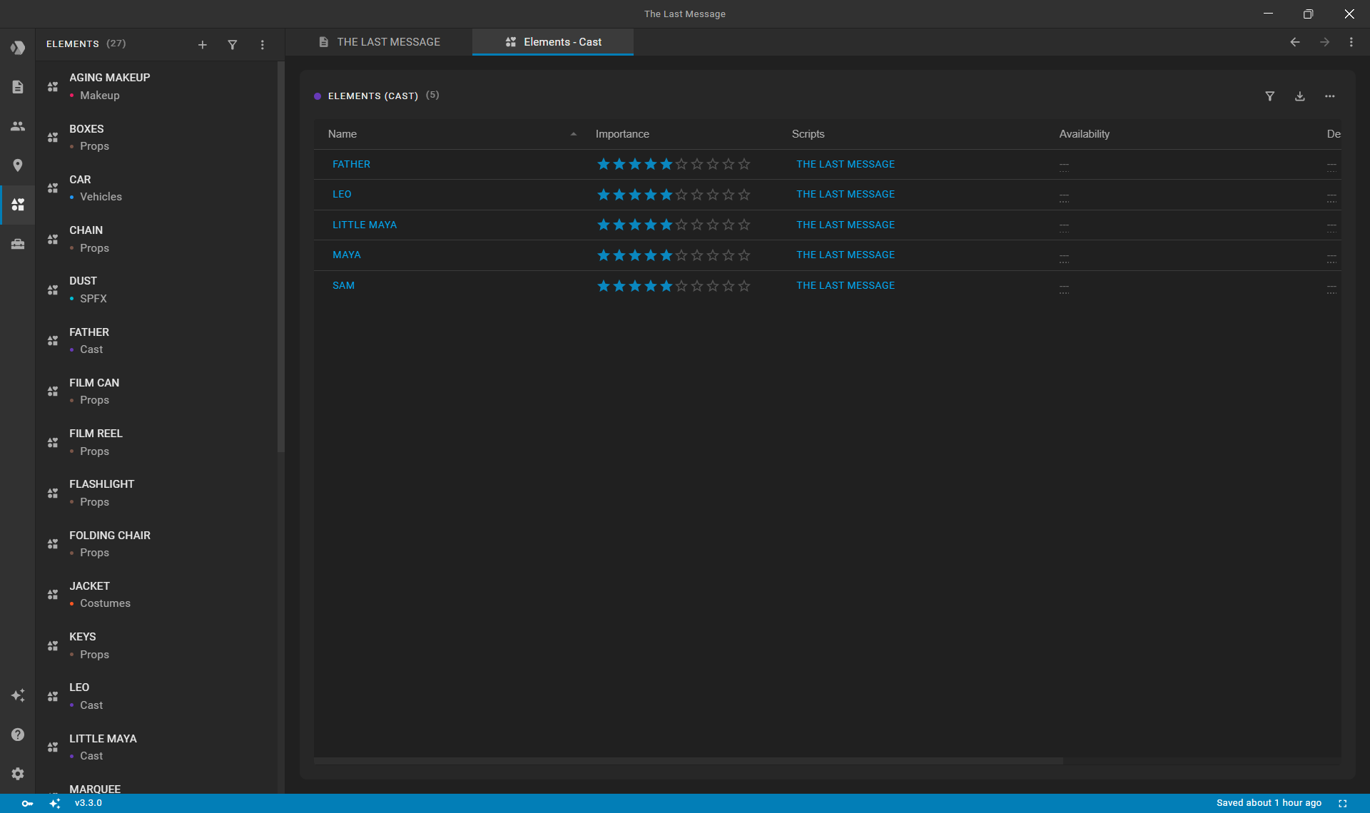 Elements table editor displaying props and departmental assets