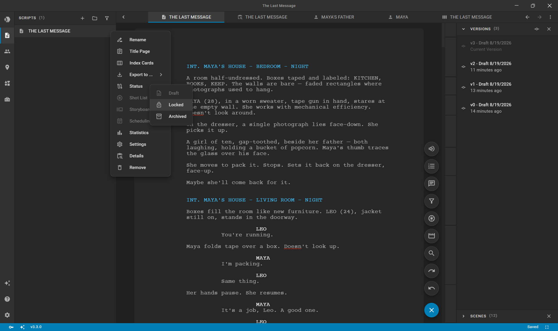 Setting script status to Locked in the Scripts sidebar