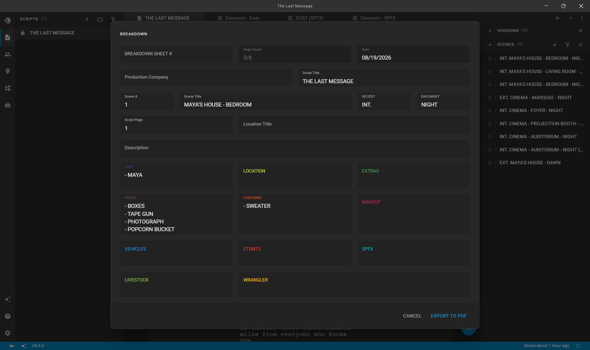 Scene Breakdown dialog ready for PDF export