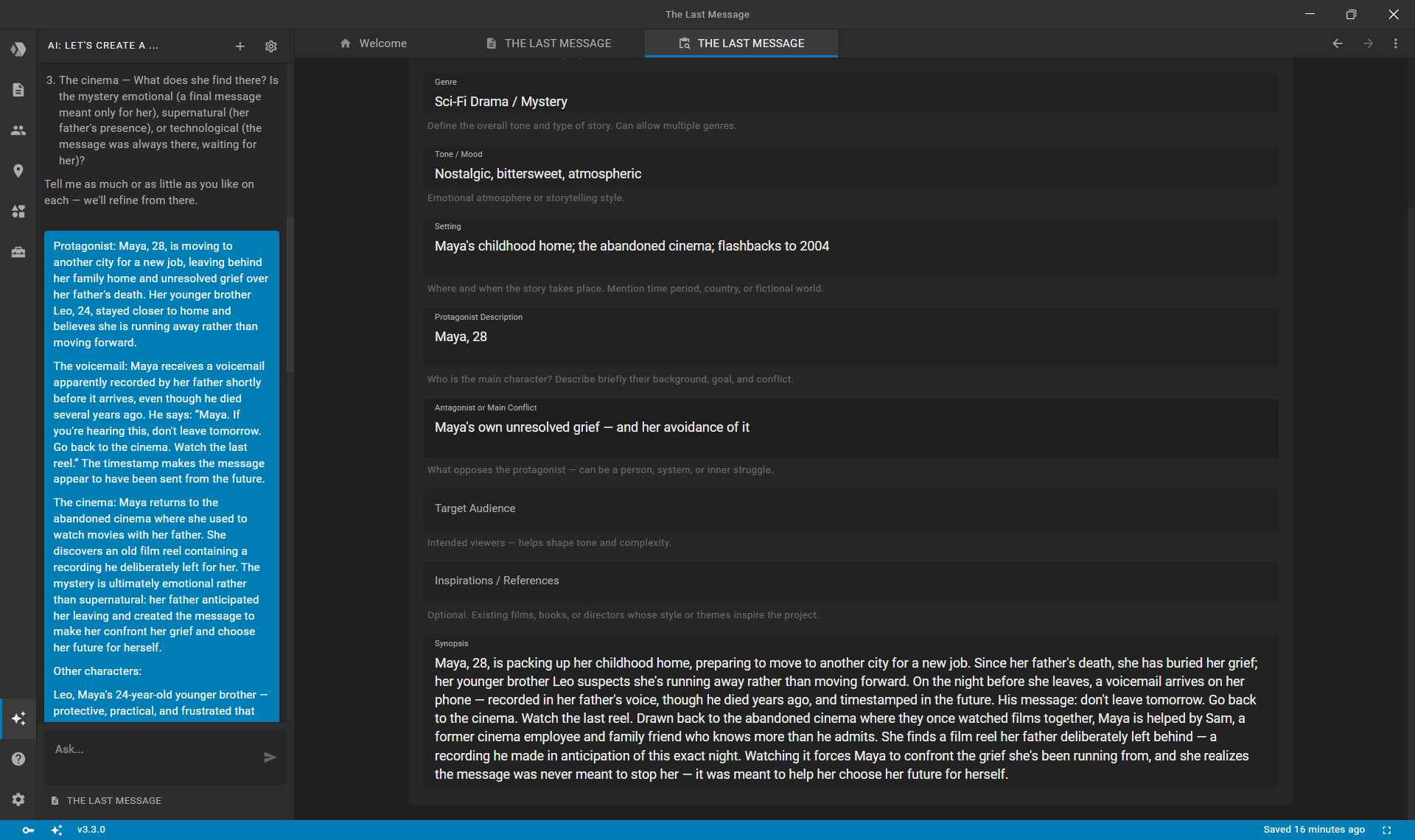 Generated character profiles saved in the Characters panel