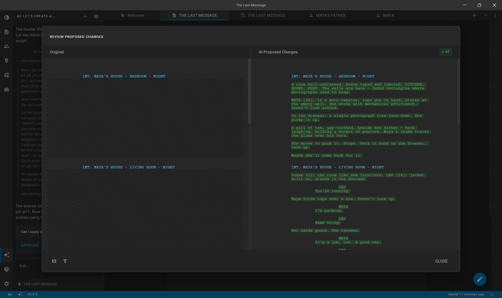 AI generating formatted screenplay dialogue and action lines