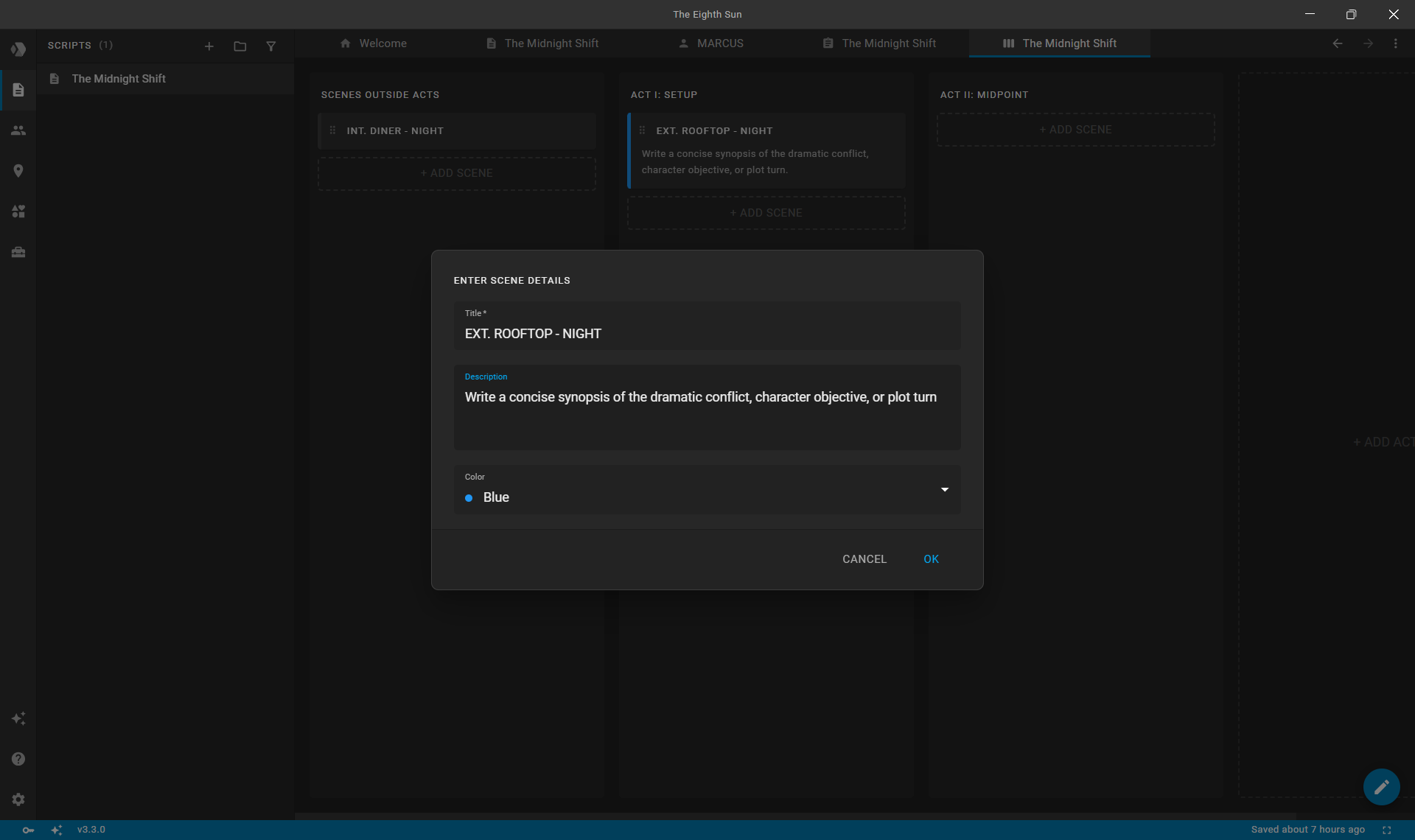Card details dialog with Title, Description, and Color fields
