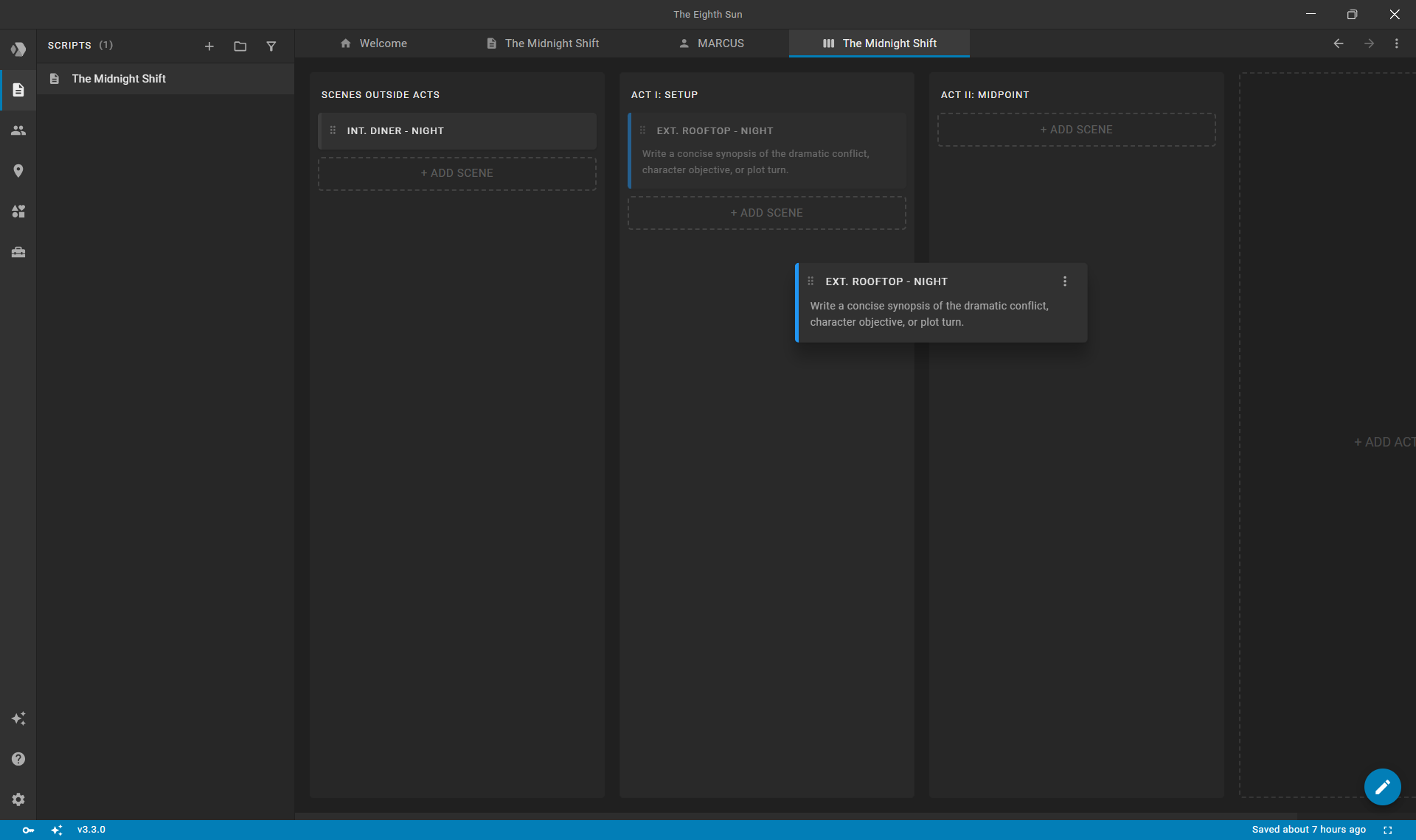 Dragging and dropping scene cards between act columns